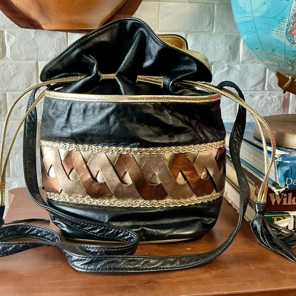 Vintage 1980s 90s Leather Drawstring Bucket Bag Woven Patchwork + Tassel Detail - Picture 2 of 13